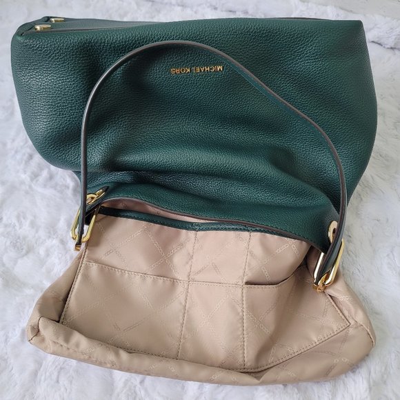 MICHAEL KORS Raven Green Emerald Gold Leather Large Shoulder Tote - Picture 12 of 14